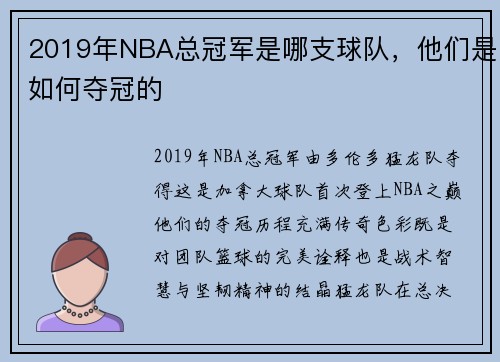 2019年NBA总冠军是哪支球队，他们是如何夺冠的